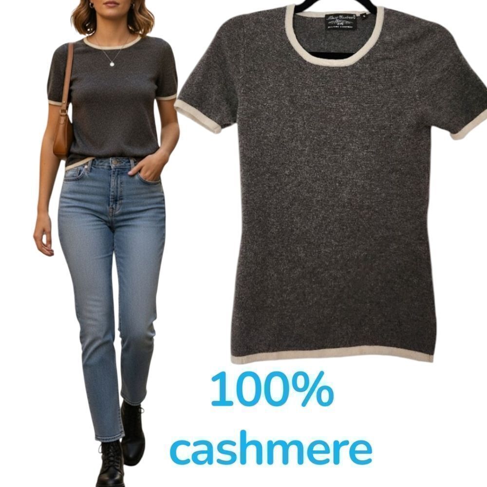 💯 Cashmere Gray Cashmere Short Sleeve Sweater White Piping S